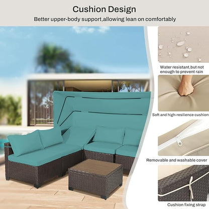 6 PCS Outdoor Patio Furniture Set,Sectional Sofa Set,Rattan Daybed with Retractable Canopy,Adjustable Backrest,Storage Coffee Table,Chaise Chair Sunbed for Garden Poolside Backyard(Walnut Green)