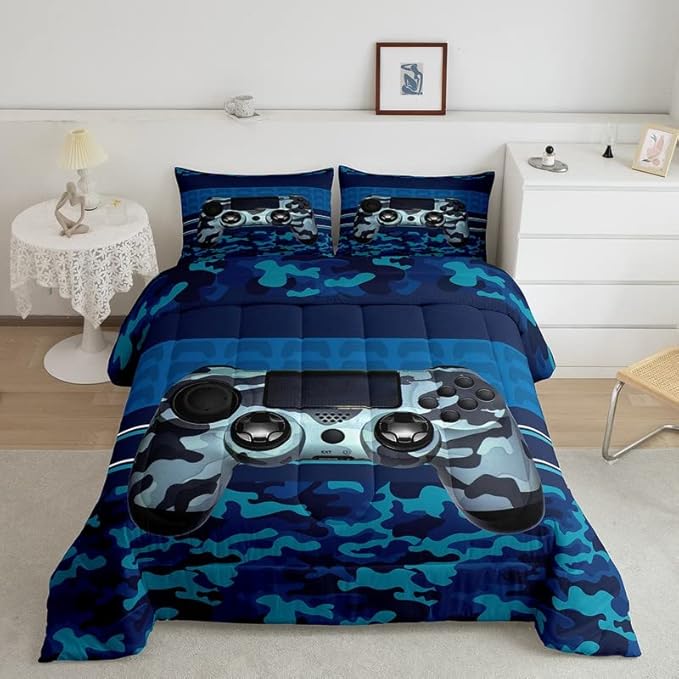 Feelyou Gamer Comforter Set Camouflage Gaming Video Game Bedding Set for Kids Boys Children Blue Camo Gamer Console Comforter Soft Gamepad Decor Quilt Set Queen Size