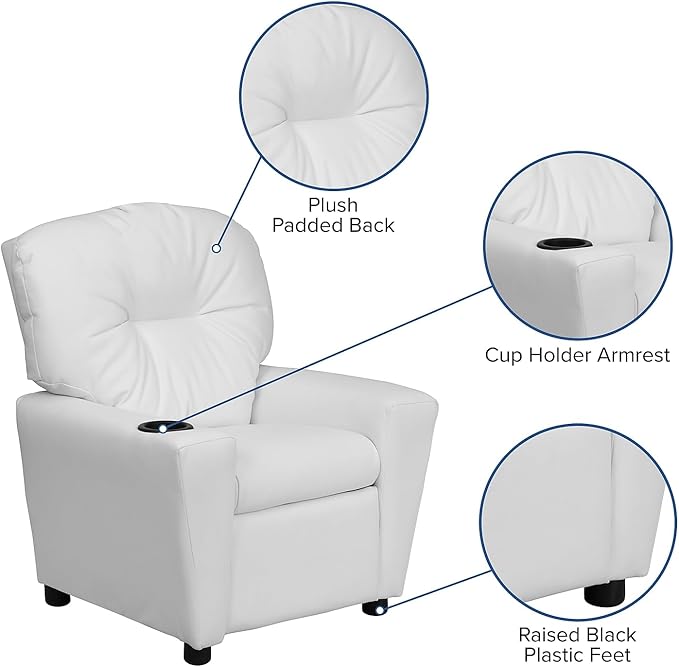 Flash Furniture Chandler Vinyl Kids Recliner with Cup Holder and Safety Recline, Contemporary Reclining Chair for Kids, Supports up to 90 lbs., White