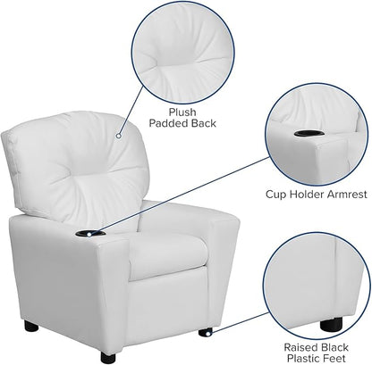 Flash Furniture Chandler Vinyl Kids Recliner with Cup Holder and Safety Recline, Contemporary Reclining Chair for Kids, Supports up to 90 lbs., White