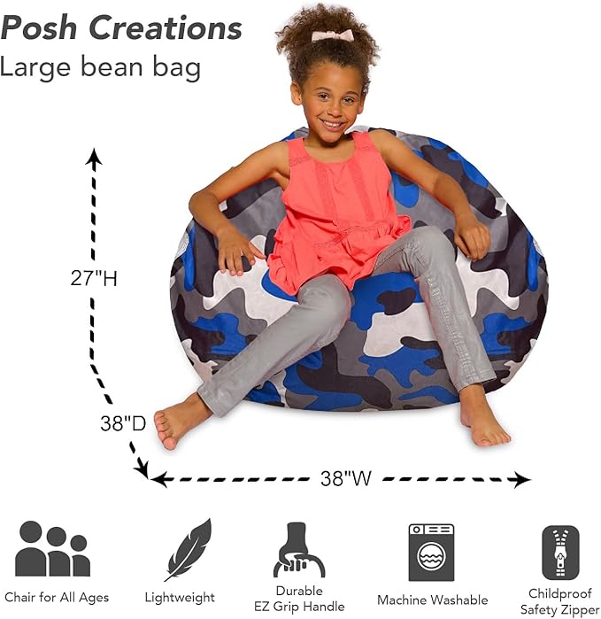 Posh Creations Bean Bag Chair for Kids, Teens, and Adults Includes Removable and Machine Washable Cover, Soft Nylon - Camo Blue and Brown, 38in - Large