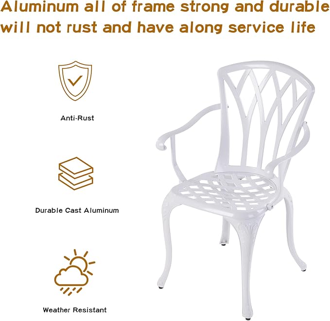 Jardin DE CENTENNAIL 3-Piece Outdoor Bistro Set Cast Aluminum Rust-Resistant Patio Furniture Armchairs Design (White)