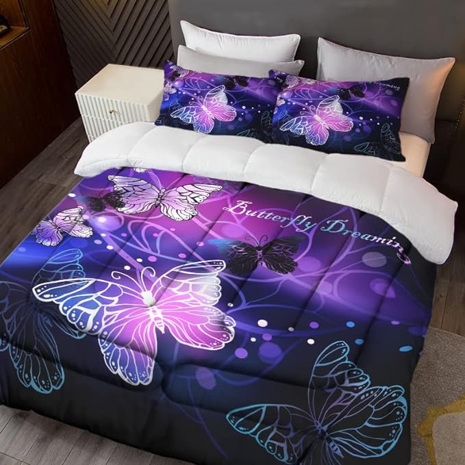Sunnycitron 3D Purple Butterfly Bedding Twin Comforter Set Dreamy Butterfly Comforter Set for Girls and Women, Soft, Breathable, Fade Resistant 3 Piece- includes 1 Comforter and 2 Pillowcase