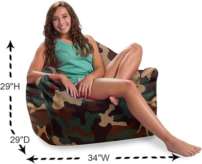 Posh Creations Structured Comfy Bean Bag Chair for Gaming, Reading and Watching TV, Malibu Lounge, Nylon - Camo Green