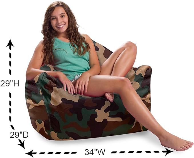 Posh Creations Structured Comfy Bean Bag Chair for Gaming, Reading and Watching TV, Malibu Lounge, Nylon - Camo Green