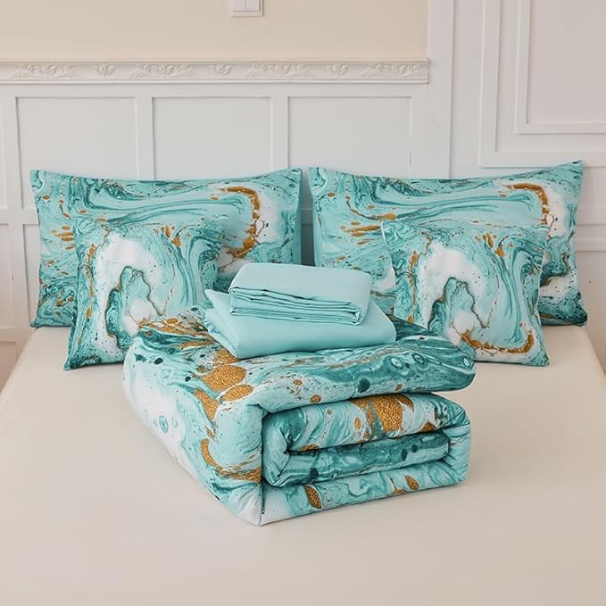 Marble Green Comforter Set Queen,7Pcs Light Green and Gold Comforter,Light Green Tie Dye Bedding Sets Queen Bed in a Bag,Green Marble Comforter Sets,Bedroom Decoration Queen 7Pcs