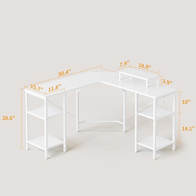 BANTI L Shaped Desk with Shleves, 50.4 inch Large Corner Desk with Two Storage, Space Saving, Easy to Assemble, White