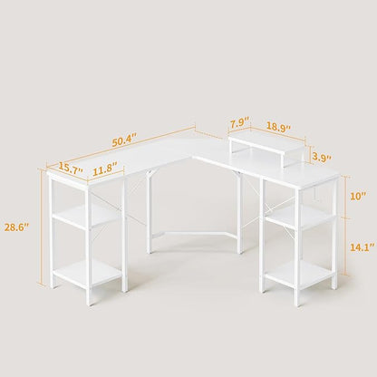 BANTI L Shaped Desk with Shleves, 50.4 inch Large Corner Desk with Two Storage, Space Saving, Easy to Assemble, White