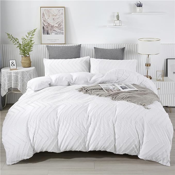 Wellboo White Tufted Jacquard Boho Comforter Set Queen Size White Bedding Set Shabby Chic All Season Bed Quilt Women Men White Farmhouse Embroidery Blanket Soft Adult Broken Line Wave Geometry Bed