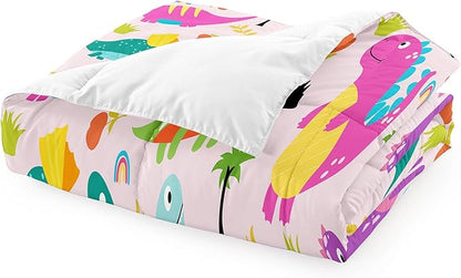 Dinosaur Twin Bedding Set, Cartoon Dinosaur Comforter Set Twin Girl Bedding Set for Girls Room Soft Breathable Dino Quilt Kids Bedding Set for All Season, 1 Comforter 1 Pillowcase