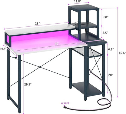 armocity 2024 Upgrade Gaming Desk with LED Lights, Small Computer Desk with Long Monitor Stand, 40'' Reversible Laptop Table with Shelves, Small Desk for Small Spaces, Gaming Room, White and Blue