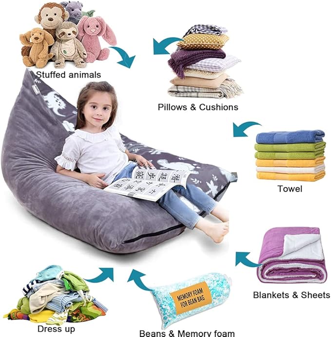 Stuffed Animal Storage Bean Bag Chair Cover, Plush Toys Organizer, Animals Doll Holder, Extra Large Lounger with Handle and Zipper Super Soft for Kids and Teans -Dinosaur Style