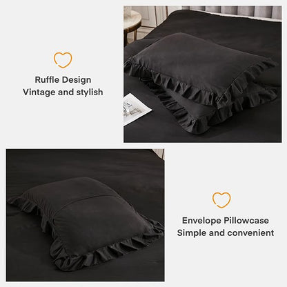 Andency Black Full Size Comforter Set, 3 Pieces Ruffle Farmhouse Shabby Chic Bedding Comforter & Sets, Soft Lightweight Fluffy All Season Down Alternative Bed Set for Boys Kids Men Women