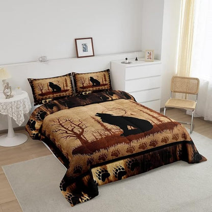 Feelyou Cute Wolf Comforter Set for Girls Boys Kids Wolves Howling Bedding Set Room Decorative Animal Wolves Tree Pattern Bedding Set Exotic Style Brown Black Duvet Set Twin Size 2Pcs Quilt Set