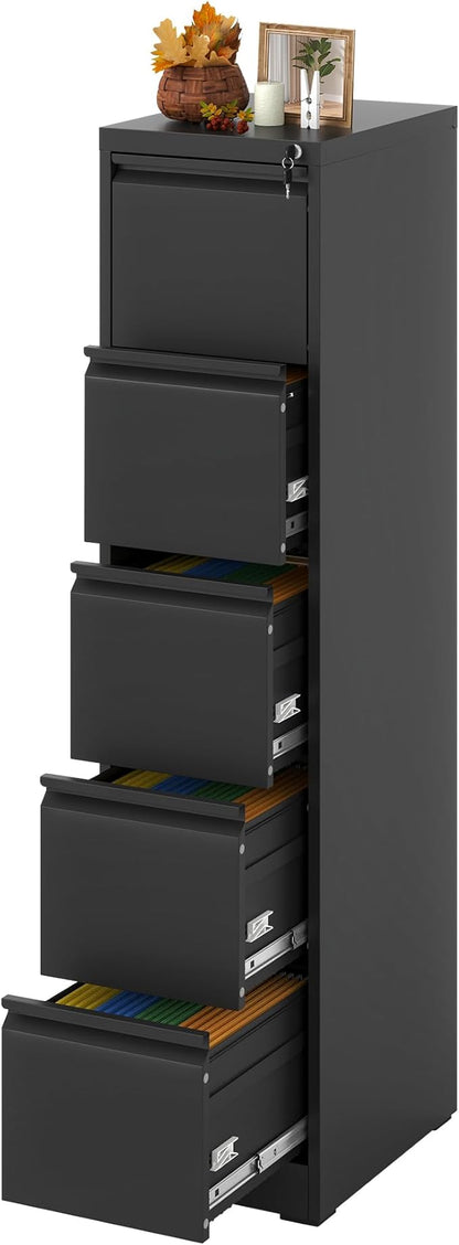 5 Drawer Vertical File Cabinet with Lock, File Cabinet for Home Office, Locking File Cabinet Hanging Files for A4/ Legal/Letter(Require Assembly, Black)