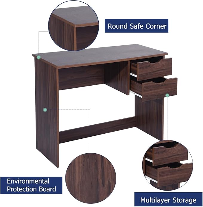 Home Office Computer Desk, 35.4" Small Study Writing Table, with Storage Drawers, Modern Teen Student Adult PC Table Desk, Walnut