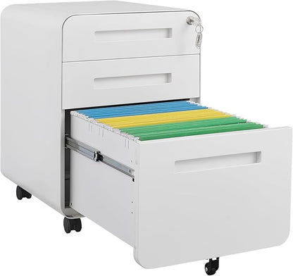 3 Drawer Mobile Desk Office with Lock and Wheels,Versatile Storage Cabinets w/Anti-Tilting Cold Rolled Steel Waterproof Moisture-Proof,for Legal/Letter/A4 Files,White
