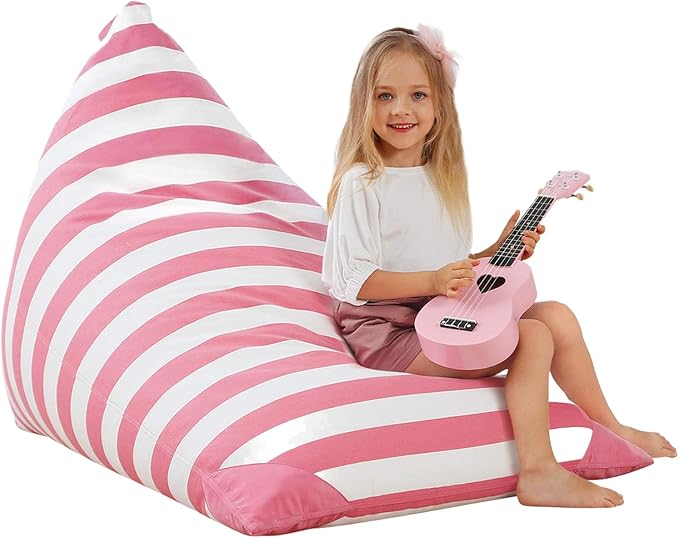 Aubliss Stuffed Animal Storage Bean Bag Chairs Cover, 50"x 35" Extra Large Bean Bags Chair for Kids & Adults, Beanbag Toy Storage for Boys Girls - Premium Cotton Canvas Pink Stripe
