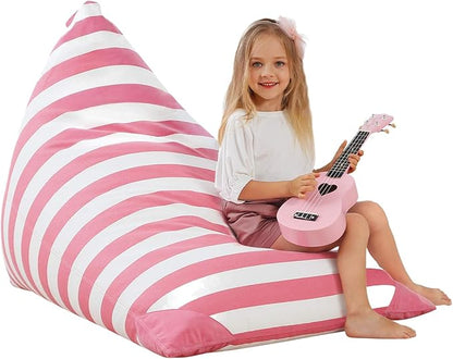 Aubliss Stuffed Animal Storage Bean Bag Chairs Cover, 50"x 35" Extra Large Bean Bags Chair for Kids & Adults, Beanbag Toy Storage for Boys Girls - Premium Cotton Canvas Pink Stripe