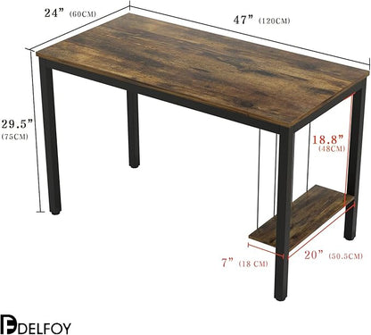 Computer Desk 47" Writing Desk Study Table with CPU Storage Shelf for Home Office, Workstation, Office, Gaming Room- Sturdy Stable Black Metal Frame, Rustic Brown