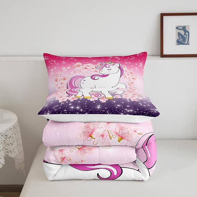 Unicorn Comforter Set Full Glitter Bedding Set Cherry Blossoms Duvet Insert Kids Cartoon Kawaii Animal Down Comforter Ombre Galaxy Stars Fantasy Girls Room Decor Quilt Set Aesthetic Pink Purple