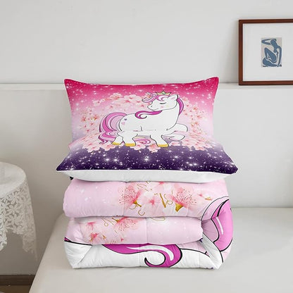 Unicorn Comforter Set Full Glitter Bedding Set Cherry Blossoms Duvet Insert Kids Cartoon Kawaii Animal Down Comforter Ombre Galaxy Stars Fantasy Girls Room Decor Quilt Set Aesthetic Pink Purple