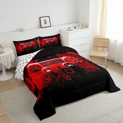 Feelyou Kids Gaming Comforter Set King Size Gamer Bedroom Decor for Boys Girls Teens Video Game Controller Bedding Set Youth Gaming Console Comforter Red Black Geometry with 2 Pillow Case