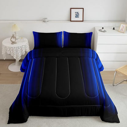 Geometric Abstract Ombre Comforter Set Kids Teens Dark Blue and Black Striped Bedding Bed Set Decor Modern Fashion Comforter Inner Fill Bedroom Collection 3Pcs Full Size