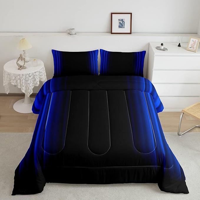 Geometric Abstract Ombre Comforter Set Kids Teens Dark Blue and Black Striped Bedding Bed Set Decor Modern Fashion Comforter Inner Fill Bedroom Collection 3Pcs King Size