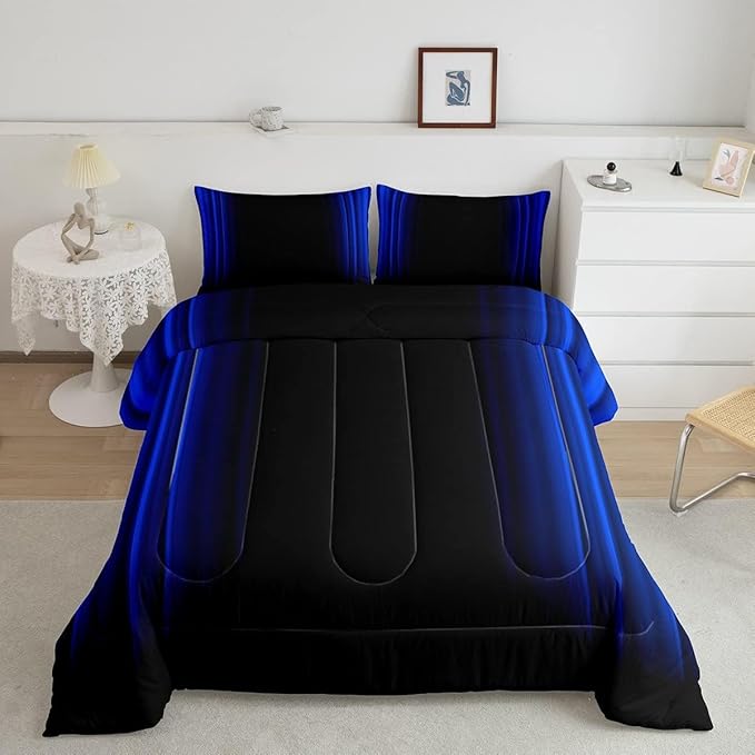 Geometric Abstract Ombre Comforter Set Kids Teens Dark Blue and Black Striped Bedding Bed Set Decor Modern Fashion Comforter Inner Fill Bedroom Collection 3Pcs Queen Size