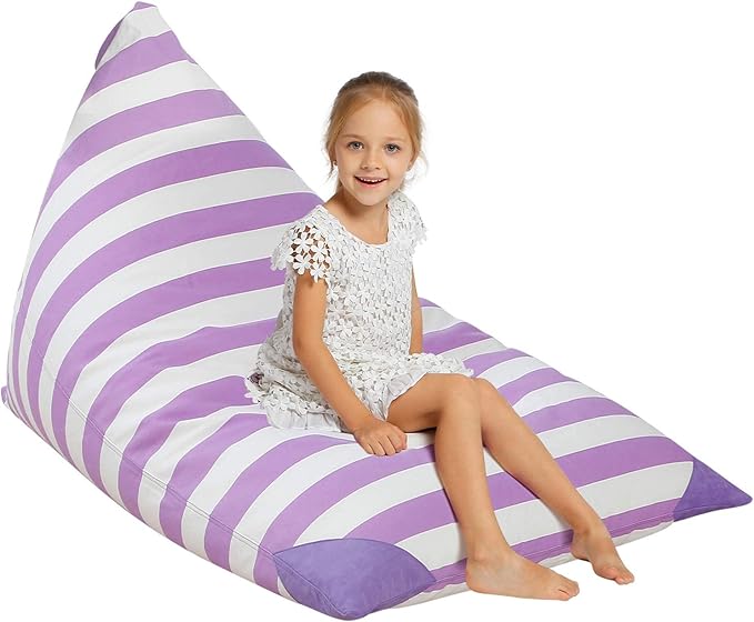 Aubliss Stuffed Animal Storage Bean Bag Chairs Cover, 50"x 35" Extra Large Bean Bags Chair for Kids & Adults, Beanbag Toy Storage for Boys Girls - Premium Cotton Canvas Purple Stripe