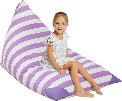 Aubliss Stuffed Animal Storage Bean Bag Chairs Cover, 50"x 35" Extra Large Bean Bags Chair for Kids & Adults, Beanbag Toy Storage for Boys Girls - Premium Cotton Canvas Purple Stripe