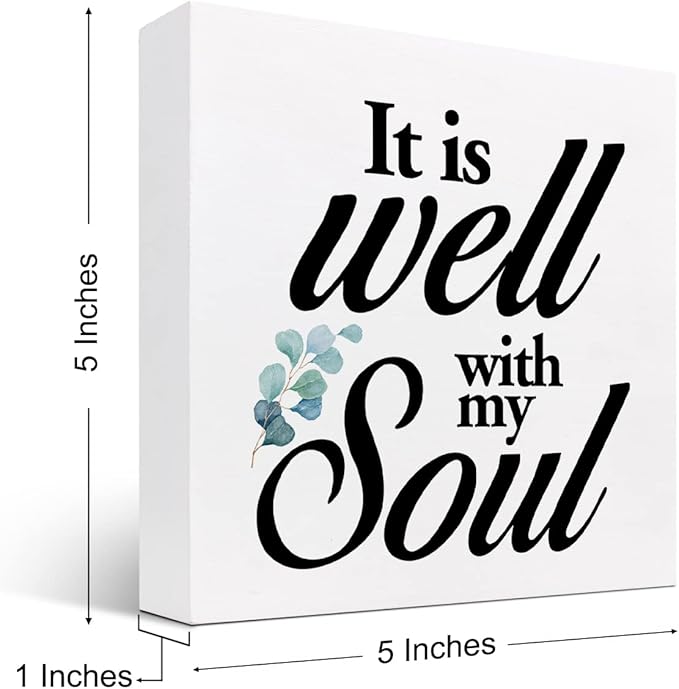 Christian Quote It Is Well With My Soul Wood Box Sign,Holy Bible Quote Decor Desk Sign,Inspirational Song and Hymn Wooden Block Sign for Home Bedroom Office Shelf Tabletop