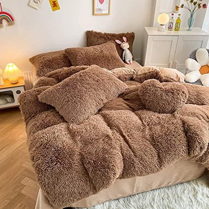 Faux Fur Kids Girls Coffee Comforter Sets Twin/Full - 3PC Bed Set Warm Comfortable Soft Plush Flannel Velvet Fluffy Fuzzy Bedding（Comforter x 1 Pillowcases x 2）
