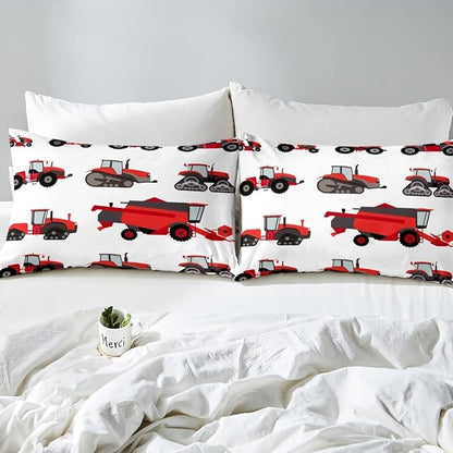 Erosebridal Red Tractor Comforter Set Heavy Equipment Truck Bedding Set for Kids Boys Girls Harvester Tractor Duvet Set King Size Farm Equipment Quilt Set Bedroom Collection 3Pcs Room Decor