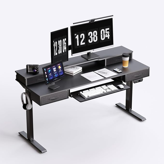 Electric Standing Desk, 55 Inches Height Adjustable Desk with Monitor Shelf, Large Sit Stand Desk with Drawers, Smart Home Office Computer Desk, Classic Black