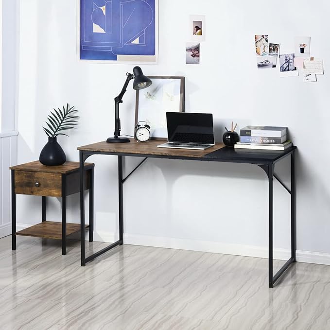 FurnitureR 39.4" Home Office Table Simple Computer Desk Laptop PC Writing Sturdy Metal Frames for Study Room, Brown&Black