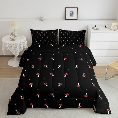Cute Mushroom Comforter Set King Kid Cartoon Kawaii Reversible Bedding Set Red Mushroom Duvet Set Mushroom Shaped Comforter Lovely Natural Wild Plants Fungus Comforter Set for Room Decor, Black