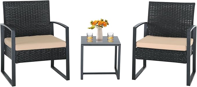 3 Pieces Patio Furniture Set, Outdoor Patio Set, Patio Bistro Set, All-Weather Wicker Conversation Set with Cushions Table for Porch Backyard (Black-Brown)
