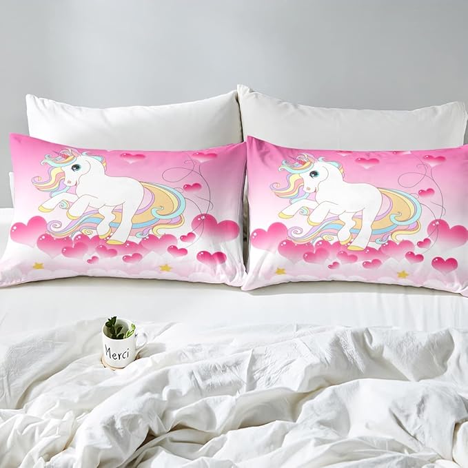 Girls Unicorn Comforter Set Queen Girly Fantasy Rainbow Unicorn Bedding Set for Kids Little Girls, Pink Love Heart Duvet Sets Dreamy Horse Cartoon Magical Animal Down Comforter with 2 Pillowcases