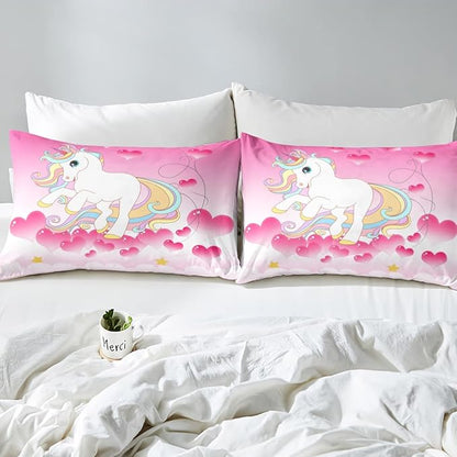 Girls Unicorn Comforter Set King Girly Fantasy Rainbow Unicorn Bedding Set for Kids Little Girls, Pink Love Heart Duvet Sets Dreamy Horse Cartoon Magical Animal Down Comforter with 2 Pillowcases