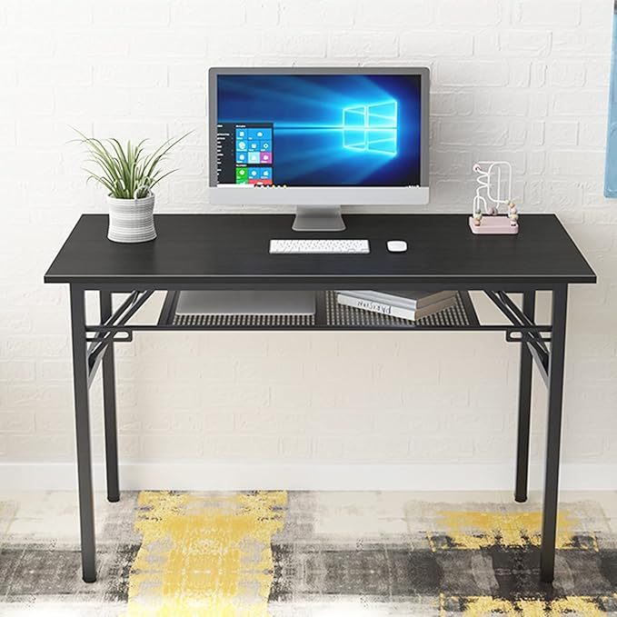 Need Folding Computer Desk with Storage Shelf, 47 inches Home Office Desk Folding Table Computer Workstation Desk, No Assembly Needed, Black