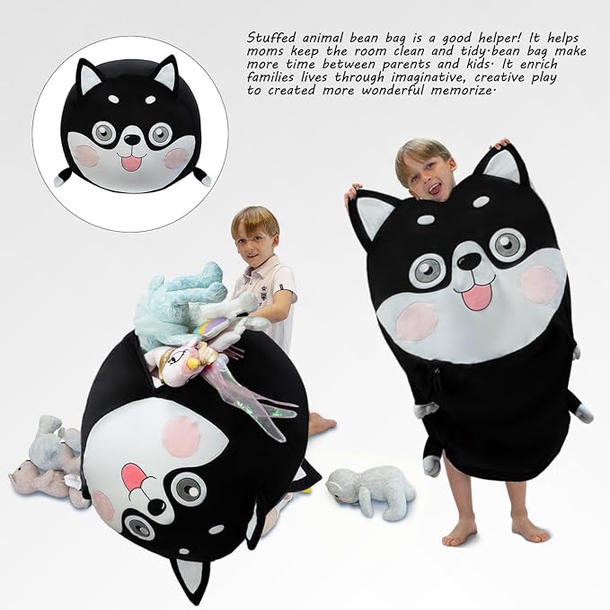 Toy Organizers and Storage for Kids Room Decorations, Childrens Bean Bag Chairs Black Cute Dog, Extra Large Size, Velvet Super Soft Cover Only