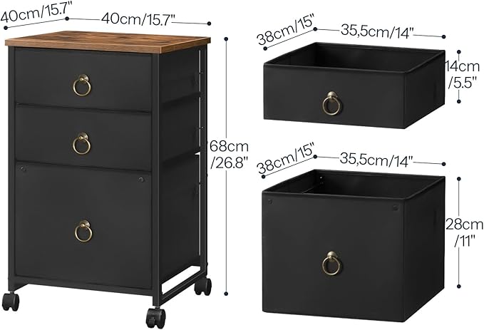 HOOBRO 3-Drawer Mobile File Cabinet, Vertical Filing Cabinet, Office Cabinet, Filing Cabinet for Home Office, Rolling Printer Stand, A4/Letter-Sized, Nonwovens Drawer, Rustic Brown and Black BFK30WJ01