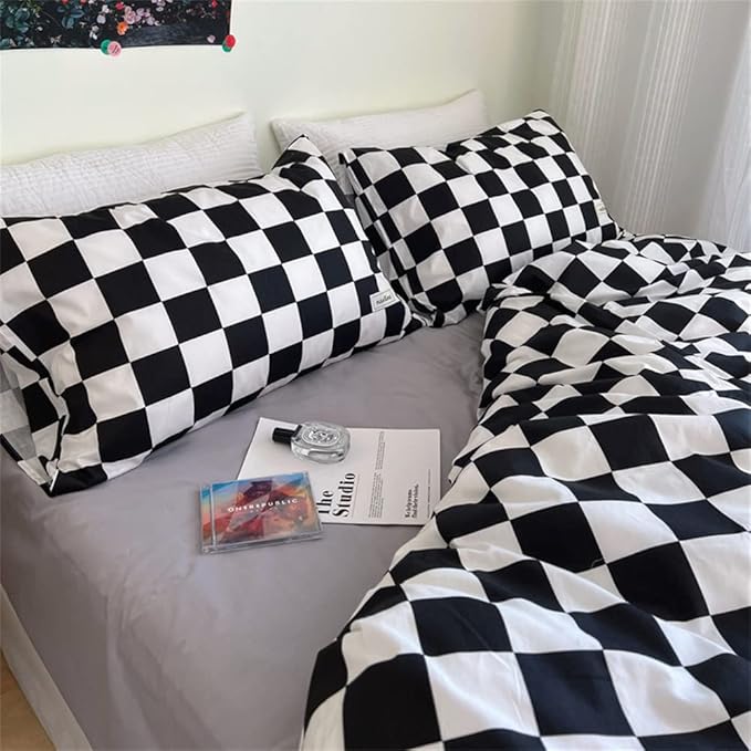 Wellboo Black White Plaid Comforter Sets Queen Women Men Black and White Checkerboard Grid Bedding Comforters Cotton Boys Girls Modern Black Checkered Geometric Quilts Luxury Abstract White Bedding