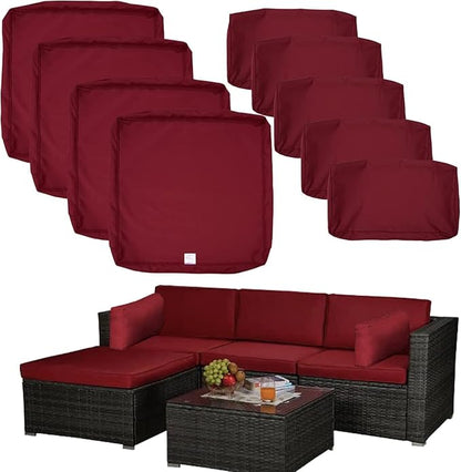 ClawsCover 9Pack Outdoor Seat and Back Cushions Replacement Covers Fit for 5 Pieces 4-Seater Wicker Rattan Furniture Patio Conversation Set Sectional Couch,Burgundy-Include Cover Only (Small)