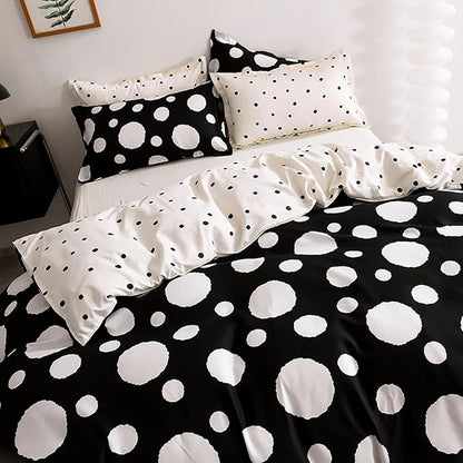 Queen Bedding Set, 3Pcs Comforter Set with Polka Dots Print, Reversible Gingham, Black White Dots, Soft for Hot Sleeper, Machine Washable, Ideal for All Ages & Genders