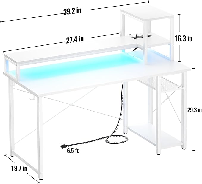 Gaming Desk with Lights & Power Outlets, 39.4' Computer Desk with Shelves, Small Desk for Small Space, Writing Desk with Monitor Stand, White