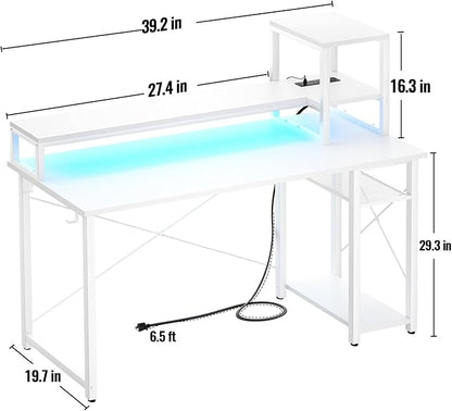 Gaming Desk with Lights & Power Outlets, 39.4' Computer Desk with Shelves, Small Desk for Small Space, Writing Desk with Monitor Stand, White