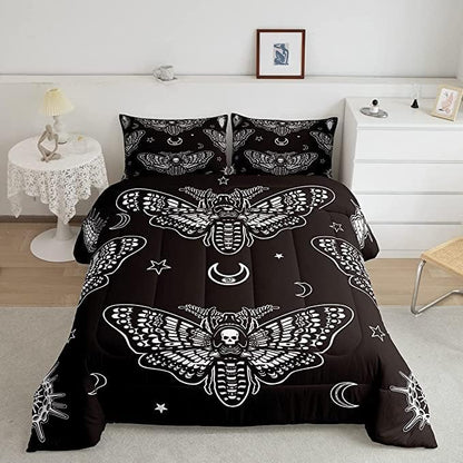 Feelyou Boys Boho Moth Comforter Set King Size Men Gothic Skull Bedding Set for Girls Women Bedroom Decor Bohemian Moon Star Comforter Personalized Moth Skull Skeleton Bones Duvet Set Teens Quilt Set